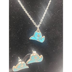 Silver-tone Cowboy Hat Necklace and Earrings Set - 16" inches